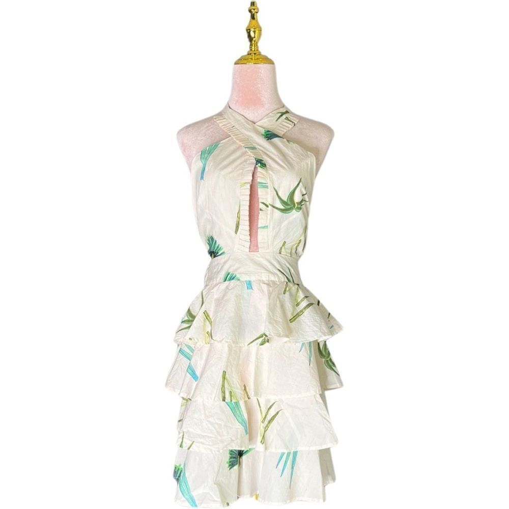 OLIPHANT Cross Front Mini Dress in Fond Green Tropical Print. Size XS. NWT!